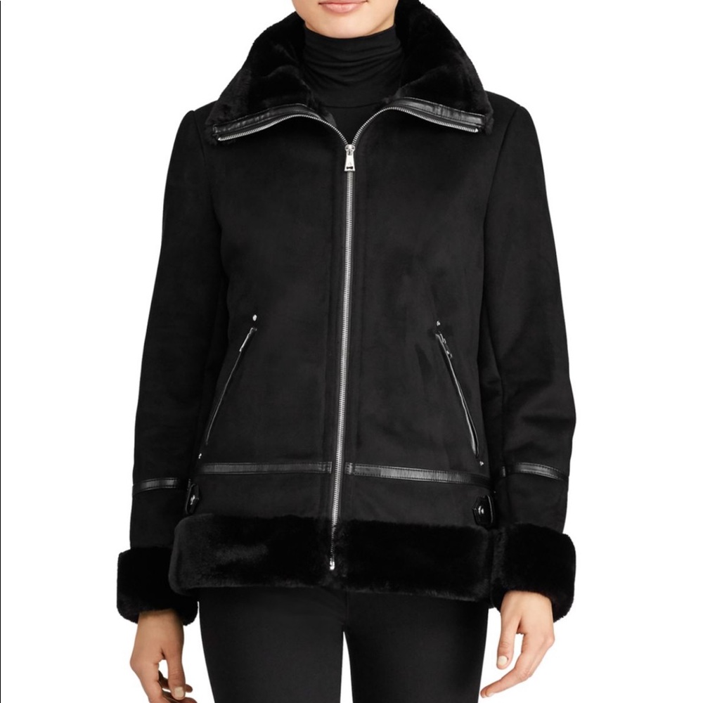 Ralph Lauren Black Faux Shearling Moto Jacket XS